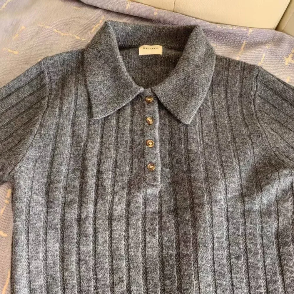 Khaite Gray Ribbed Polo Sweater - Timeless Elegance - Picture 2 of 4